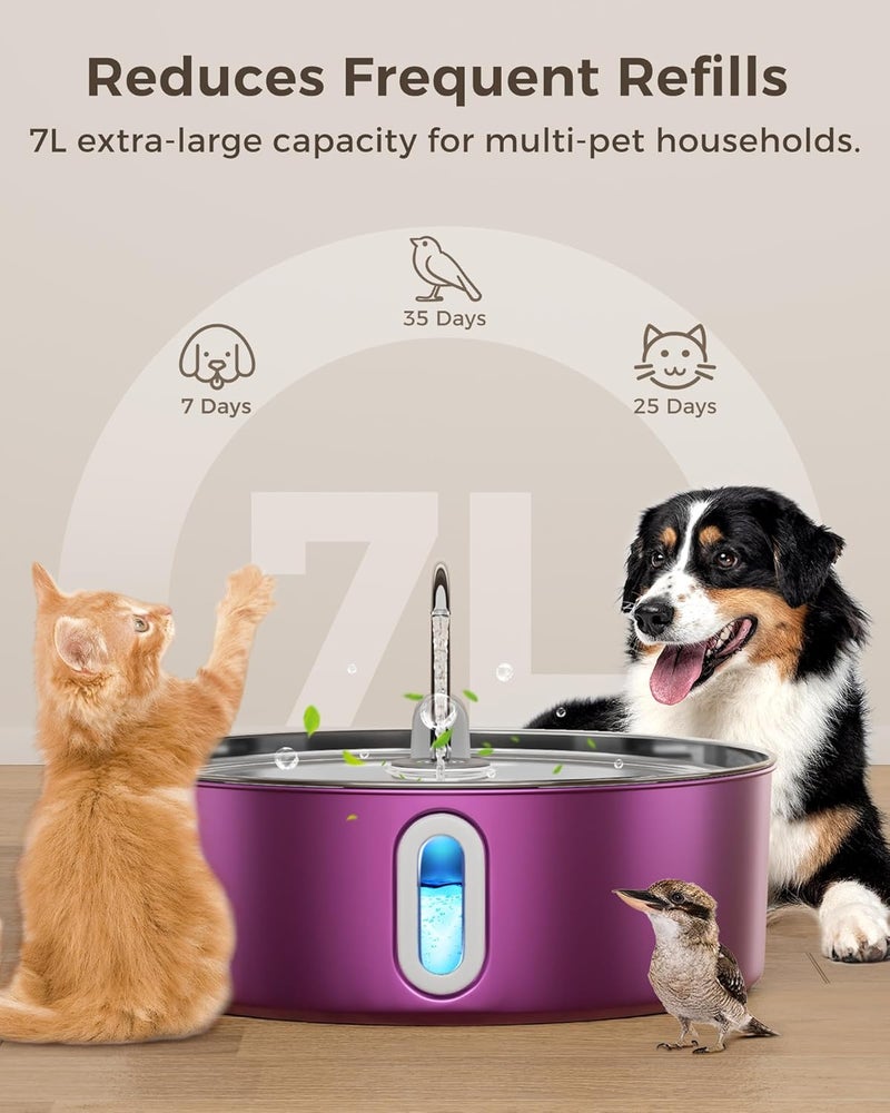 smartoo Dog Water Fountain for Large Dogs 7L/236oz Stainless Steel Dog Water Bowl Dispenser Automatic Pet Water Fountain, Multi-Filtration Pet Fountain with Ultra-Quiet Pump (Pink) - Image 2